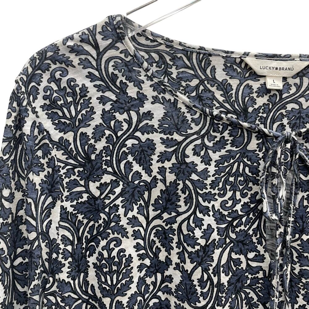 Lucky Brand Vine Print Peasant Top Wide Smocked Cuffs Size Large - Picture 2 of 9